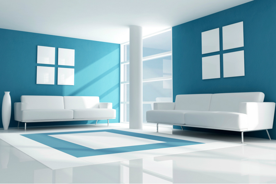 Màu xanh dương sáng kết hợp nội thất trắng